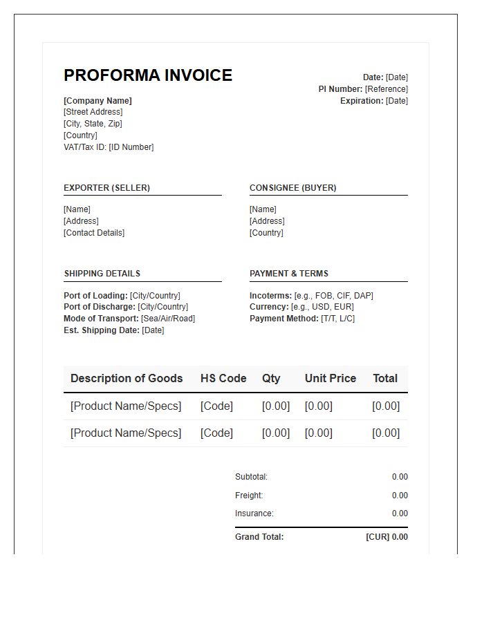 Universal Proforma Invoice Template For Export Business Operations