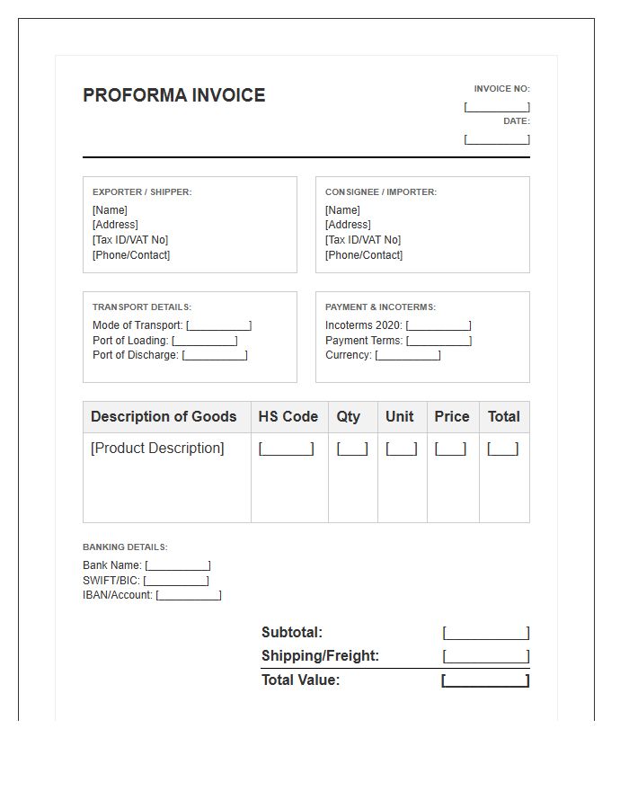 Verified Proforma Invoice Template For Export Documentation Requirements