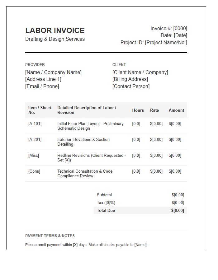 Detailed Drafting Labor Invoice Template
