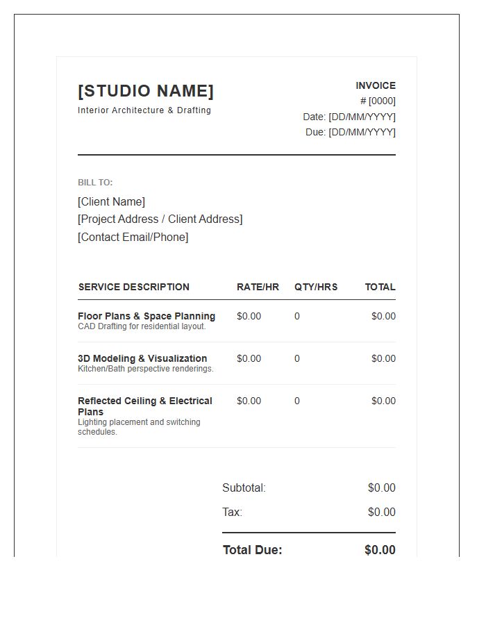 Interior Drafting Design Invoice Template