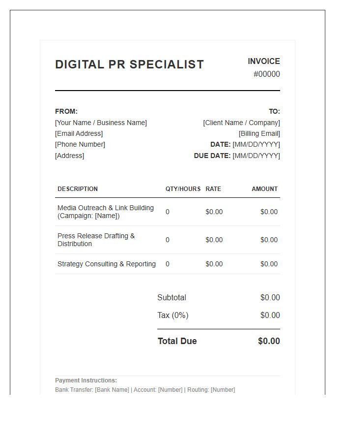 Digital PR Specialist Invoice Template