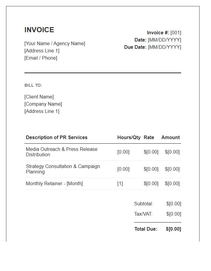 Freelance Public Relations Consultant Invoice Template