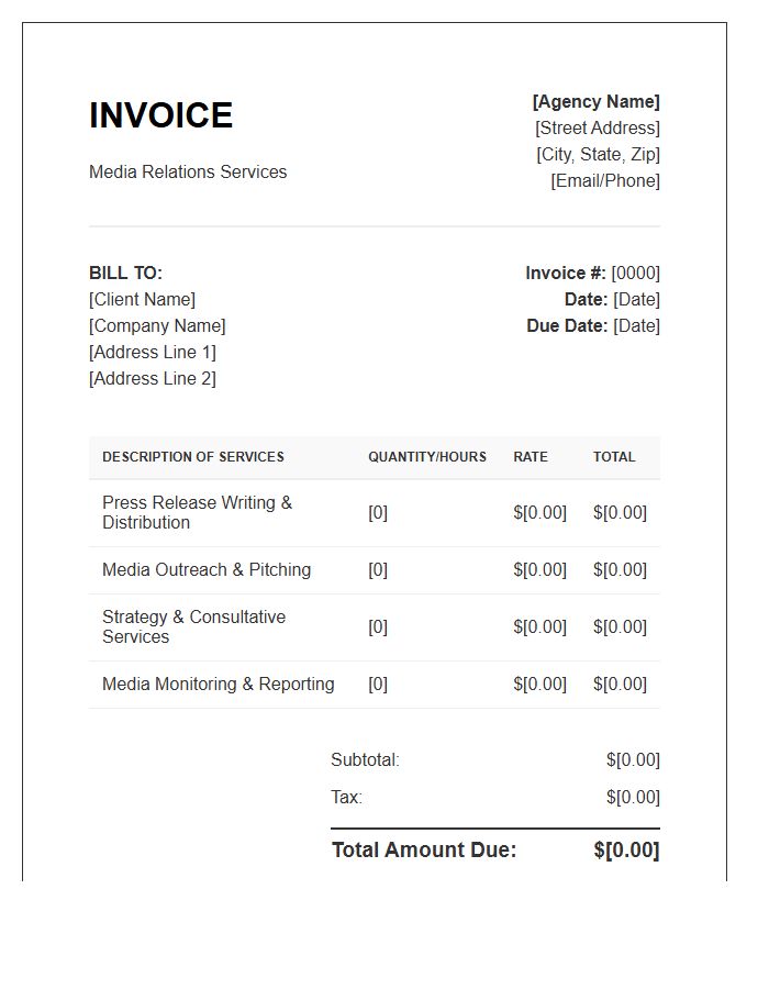 Media Relations Services Invoice Template