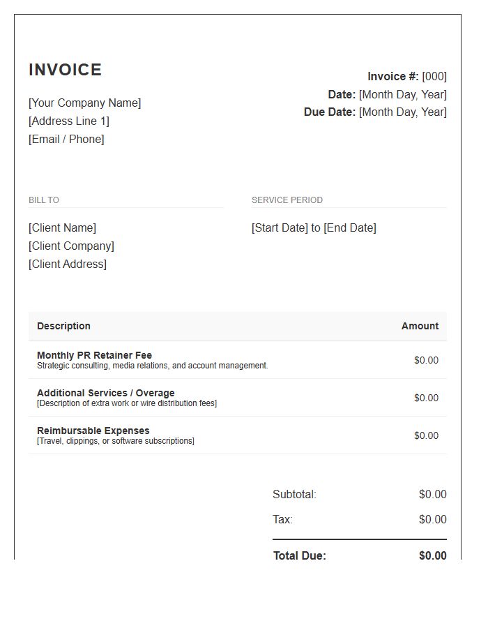 Monthly PR Retainer Invoice Template