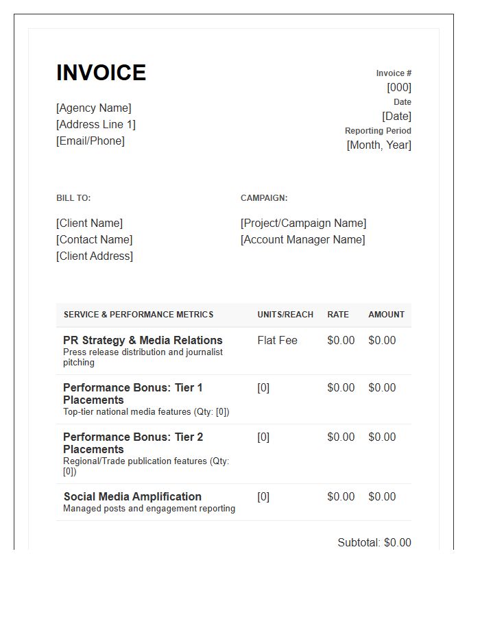 PR Performance Reporting Invoice Template