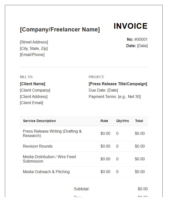 Press Release Writing Services Invoice Template
