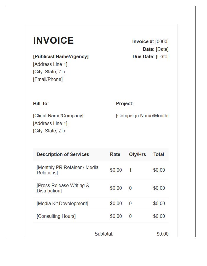 Professional Publicist Services Invoice Template