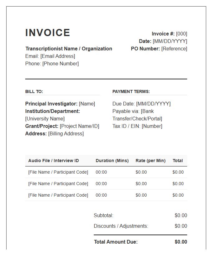 Academic Research Transcription Invoice Template