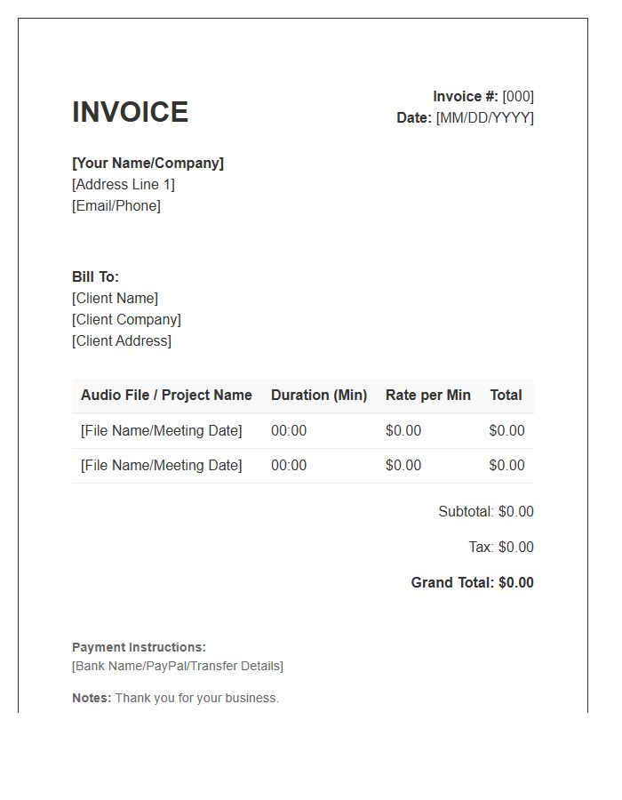 Audio Minutes Transcription Invoice Template