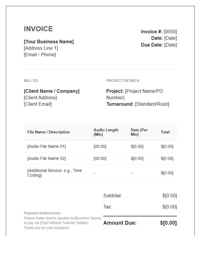 General Business Transcription Invoice Template