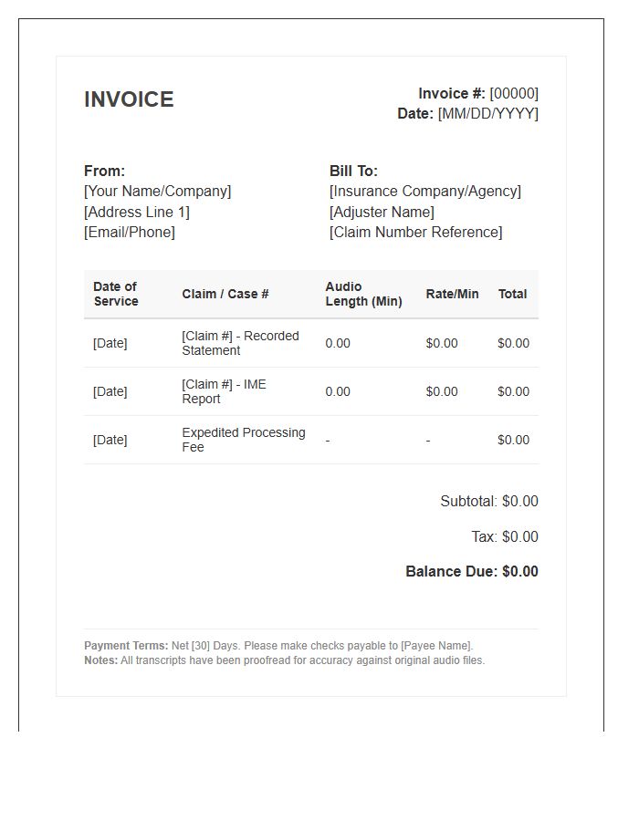 Insurance Claims Transcription Invoice Template