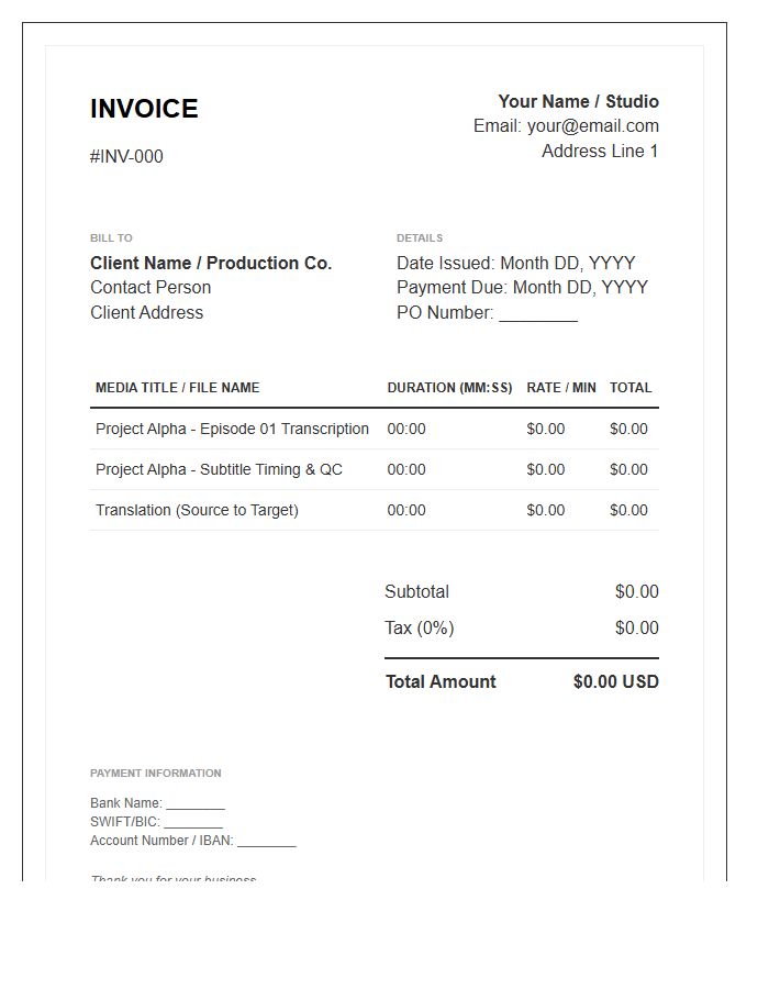 Media Subtitle Transcription Invoice Template