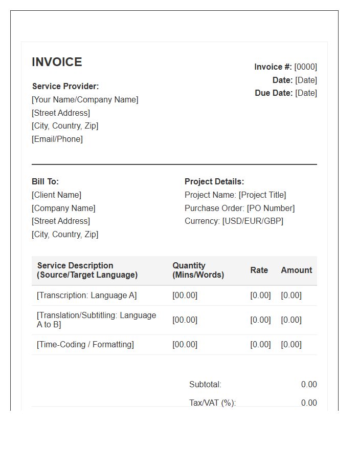 Multilingual Transcription Service Invoice Template