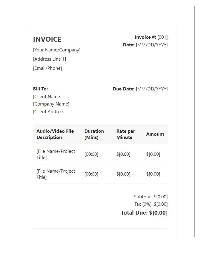 Per Minute Transcription Invoice Template