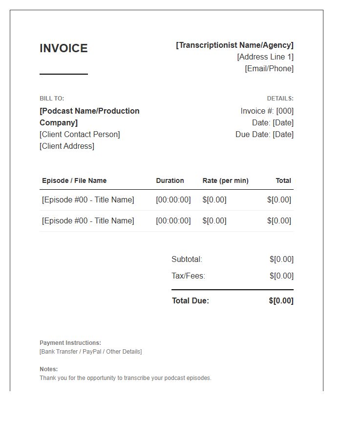 Podcast Episode Transcription Invoice Template