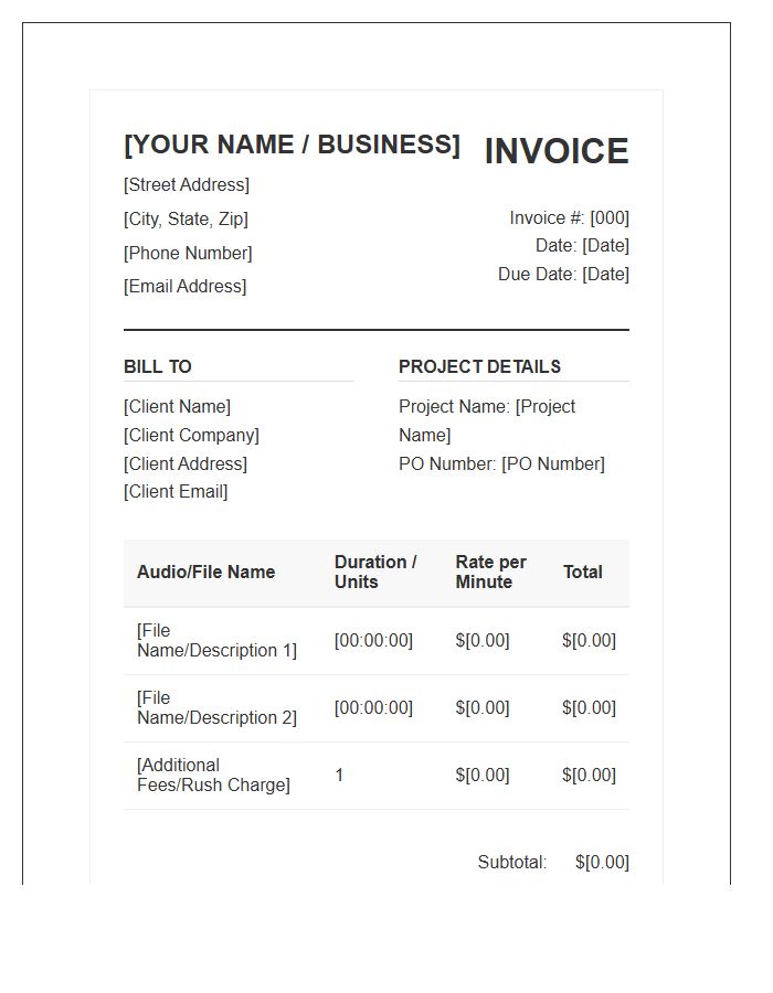 Professional Transcriptionist Billing Invoice Template