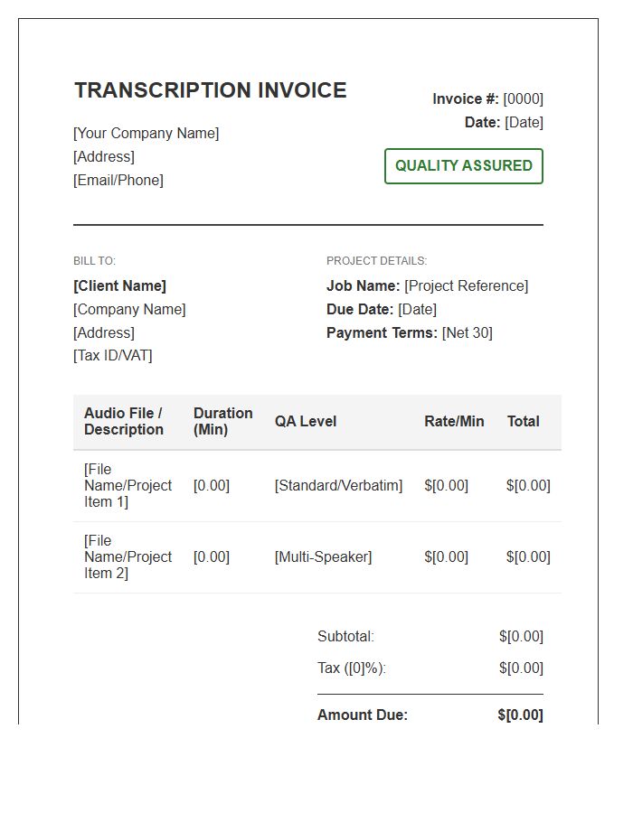 Quality Assured Transcription Invoice Template