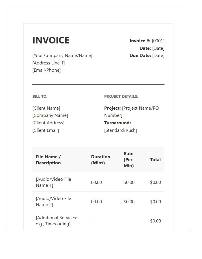 Standard Transcription Rates Invoice Template