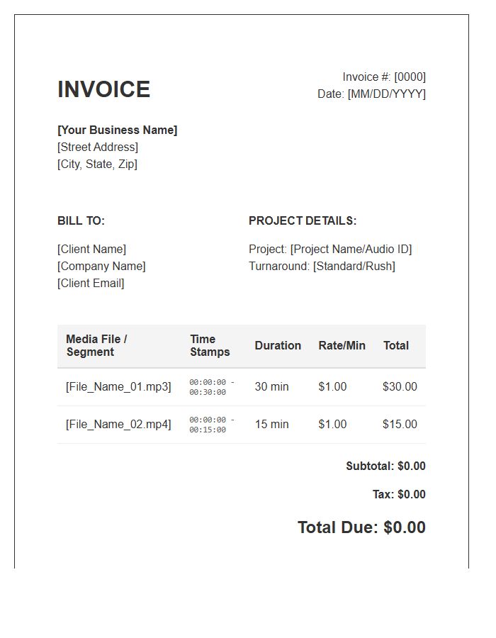 Time Stamped Transcription Invoice Template