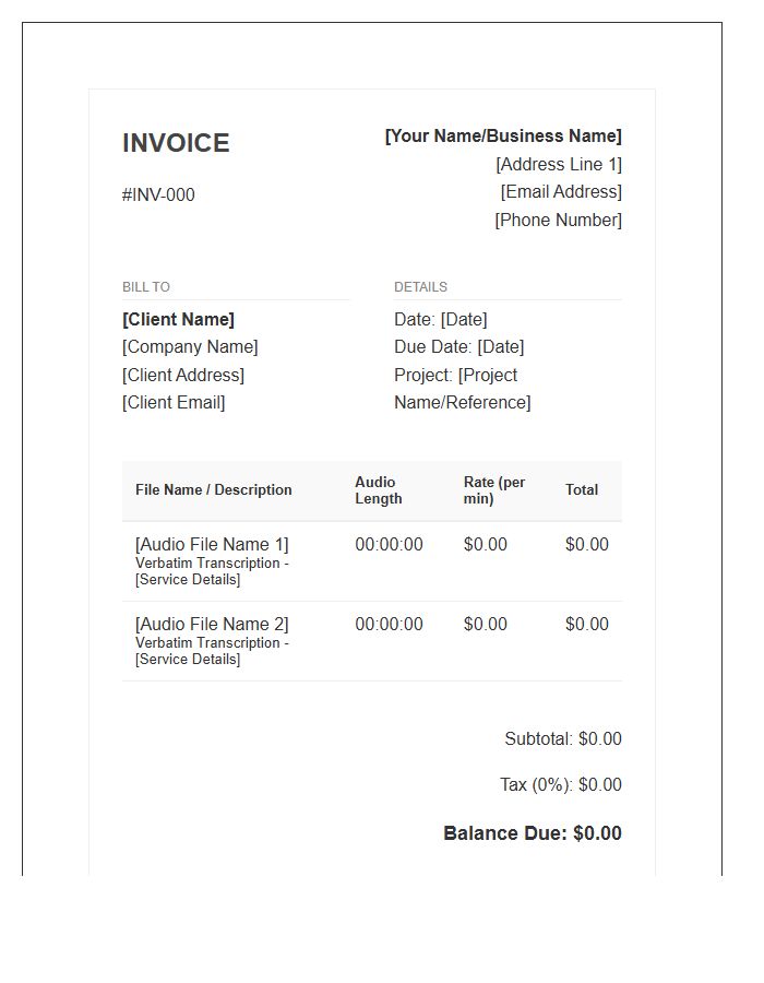 Verbatim Transcription Professional Invoice Template