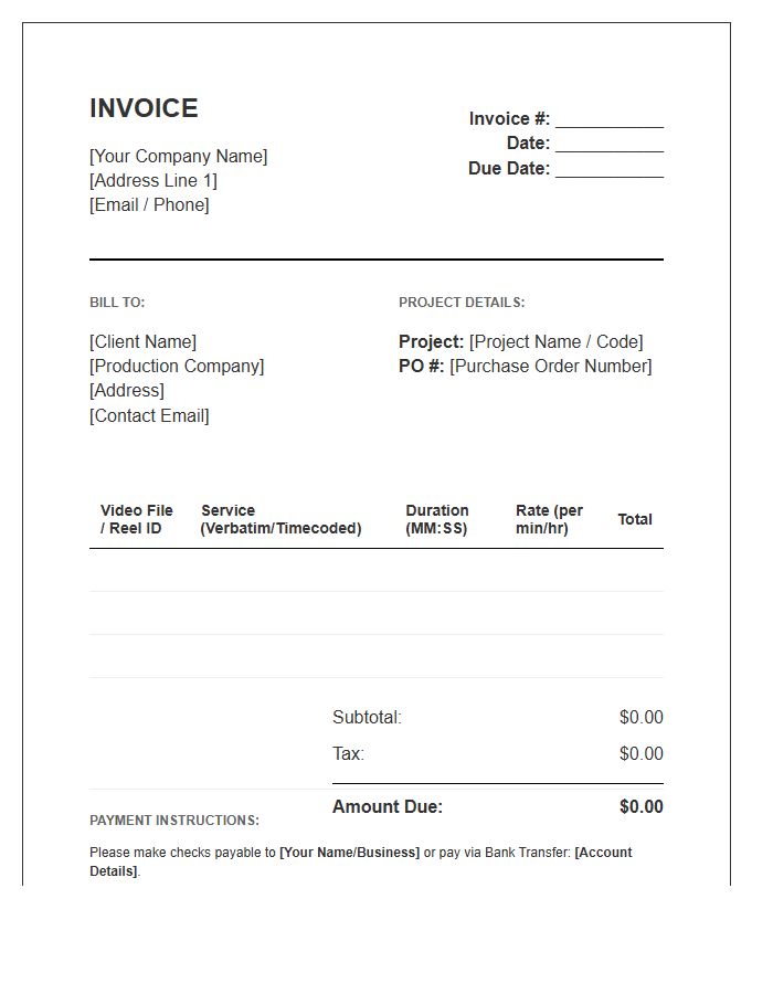 Video Production Transcription Invoice Template