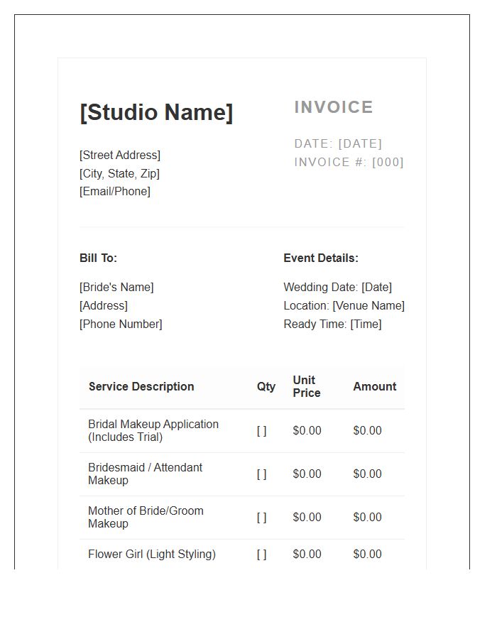 Bridal Party Makeup Services Invoice Template