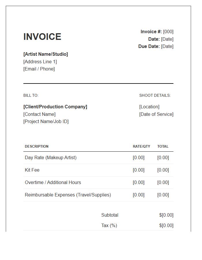 Commercial Makeup Artist Project Invoice Template