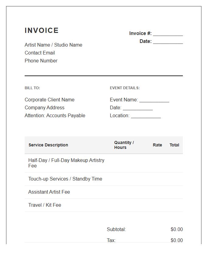 Corporate Event Makeup Artist Invoice Template