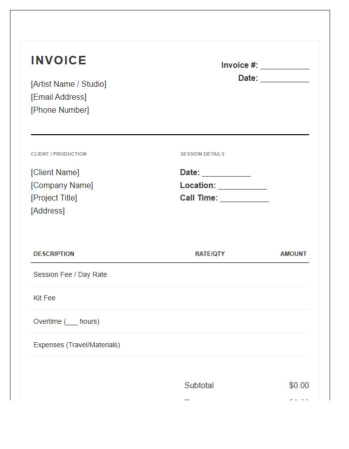 Editorial Makeup Artist Session Invoice Template