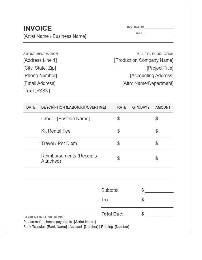 Film And Television Makeup Artist Invoice Template