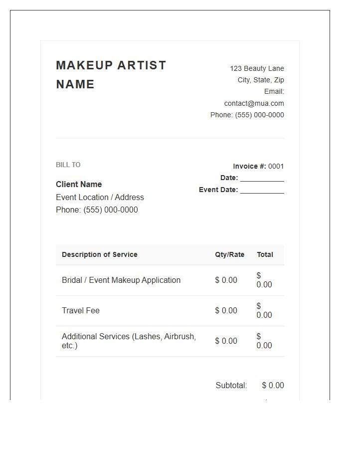 Freelance Makeup Artist Booking Invoice Template