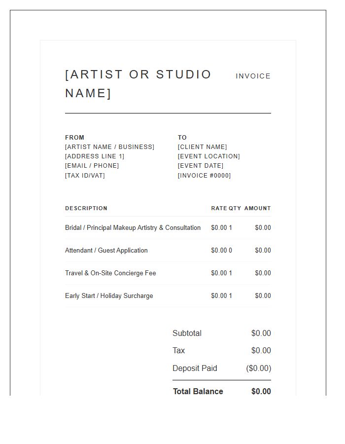 Luxury Event Makeup Artist Invoice Template