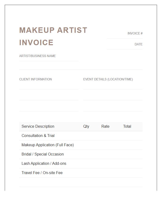 Makeup Artist Consultation And Service Invoice Template