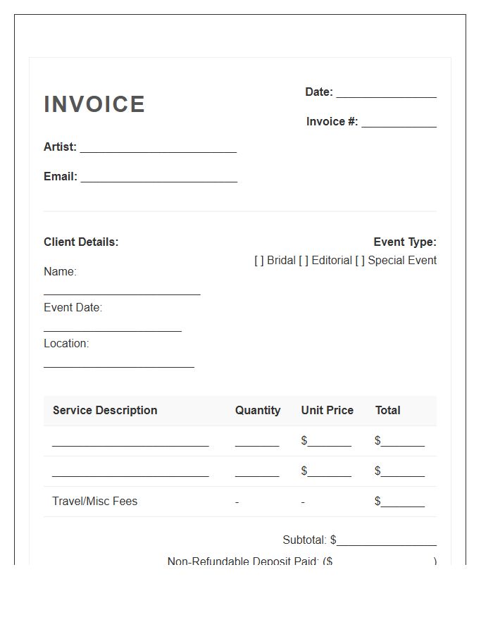 Makeup Artist Deposit And Balance Invoice Template