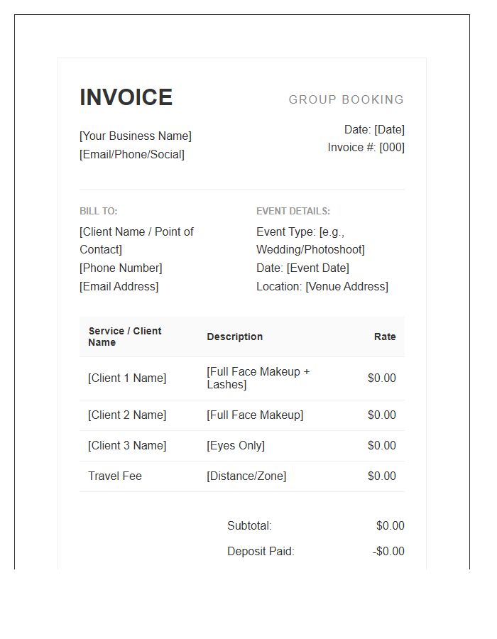 Makeup Artist Group Booking Invoice Template