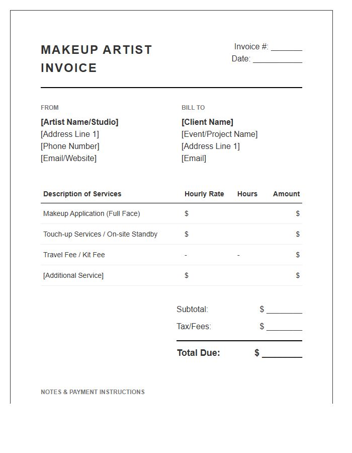 Makeup Artist Hourly Rate Invoice Template
