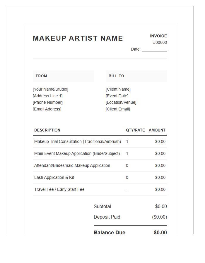 Makeup Artist Trial And Event Invoice Template
