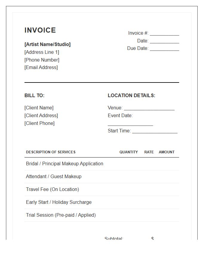 On Location Makeup Artist Invoice Template