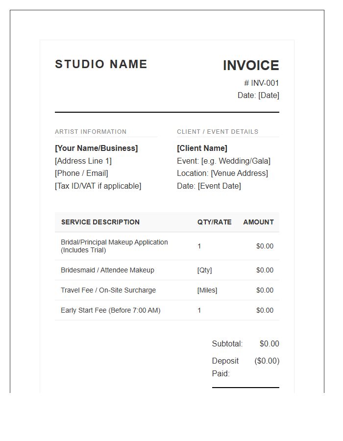 Professional Makeup Artist Event Invoice Template