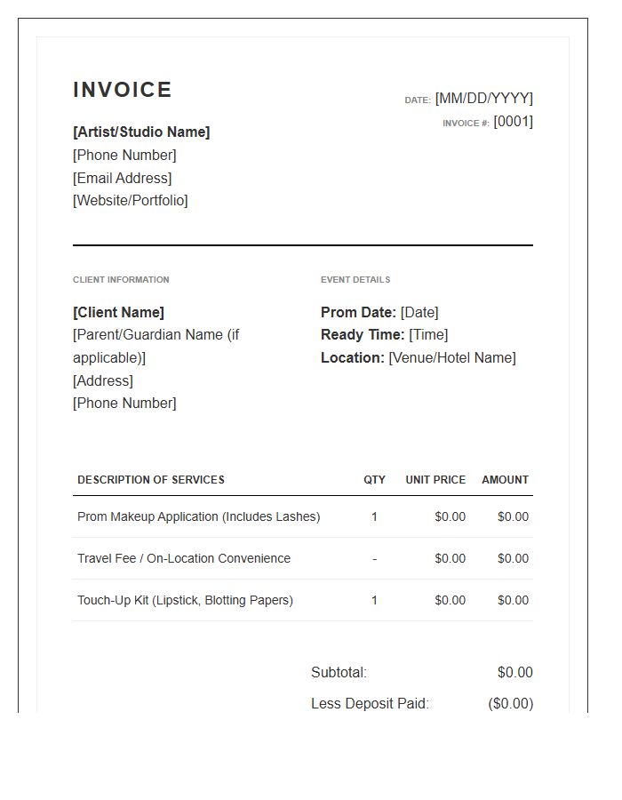 Prom Makeup Artist Service Invoice Template