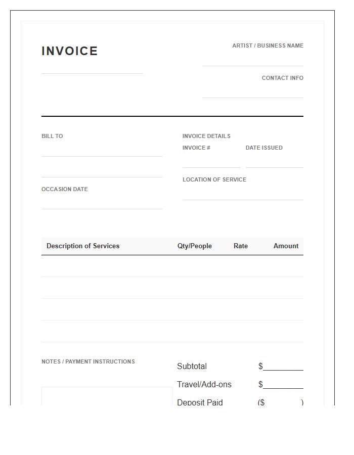 Special Occasion Makeup Artist Invoice Template