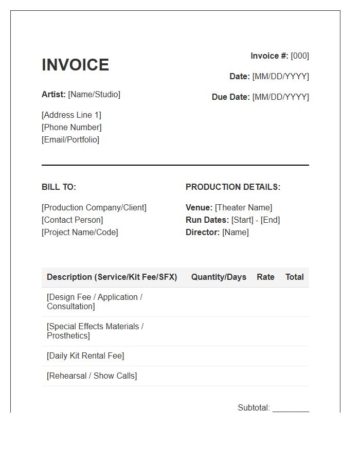 Theatrical Makeup Artist Project Invoice Template