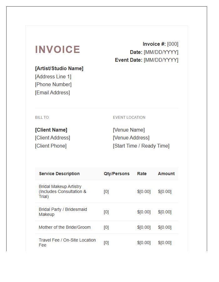 Wedding Makeup Artist Service Invoice Template