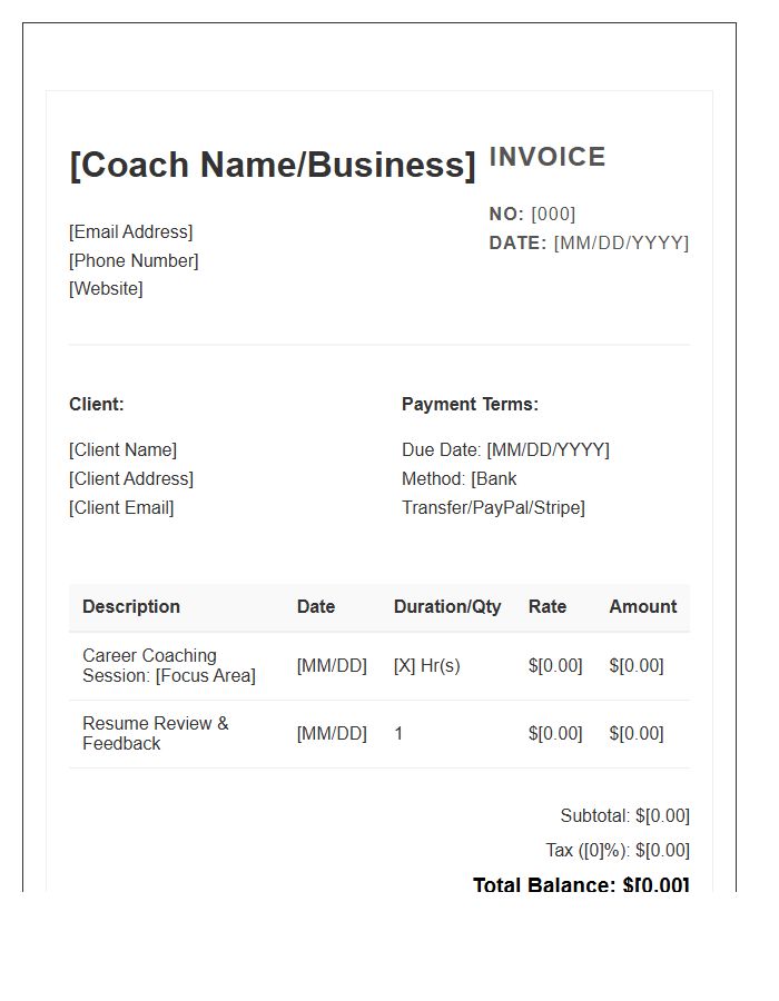 Career Coaching Session Invoice Template