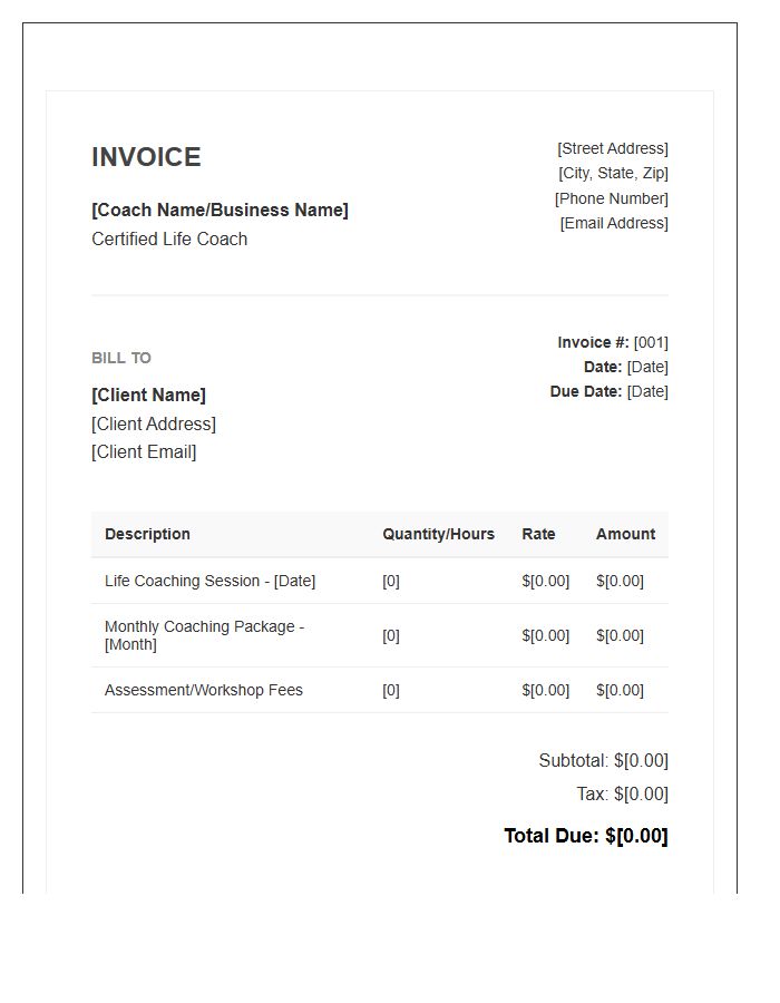 Certified Life Coach Invoice Template