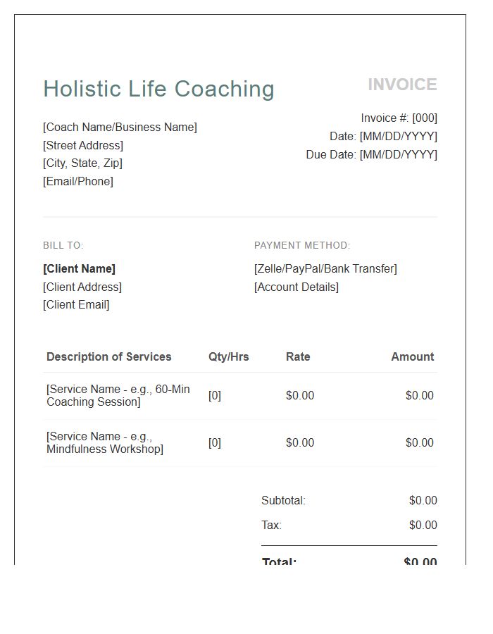 Holistic Life Coaching Invoice Template