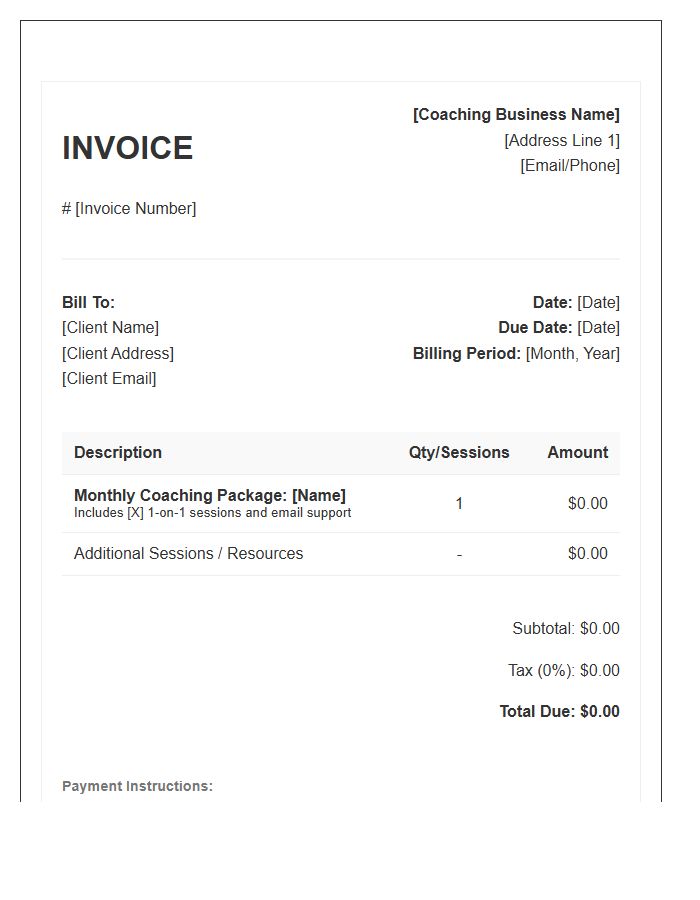 Monthly Coaching Package Invoice Template