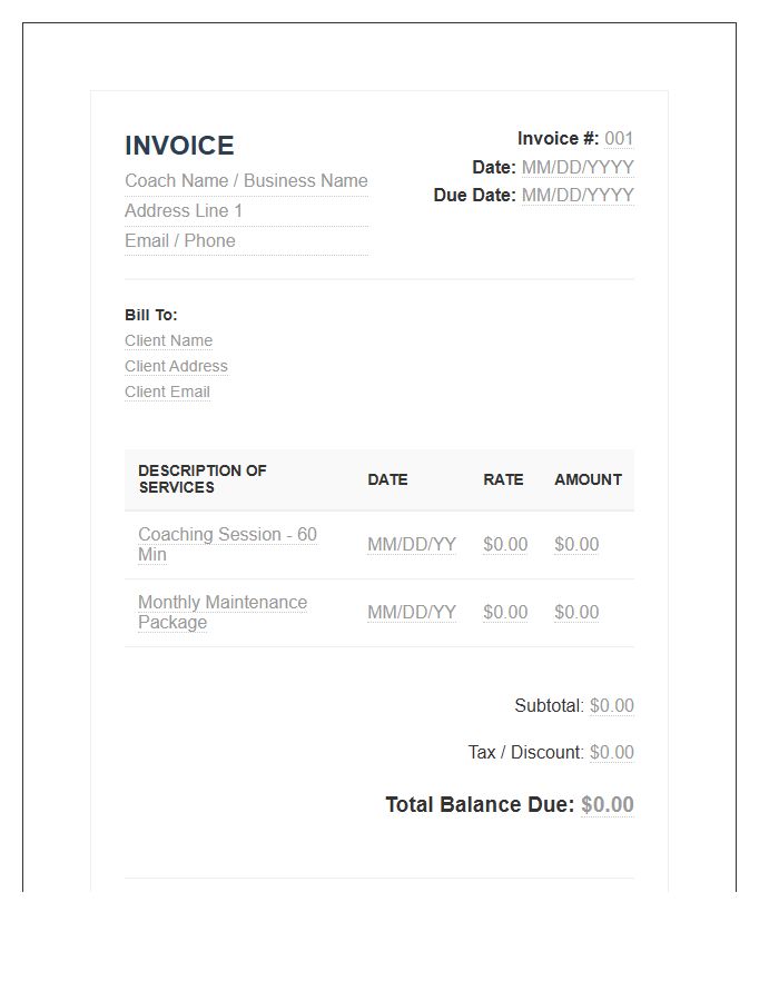 Professional Life Coach Billing Invoice Template