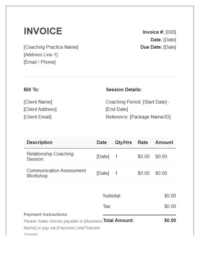 Relationship Coaching Billing Invoice Template