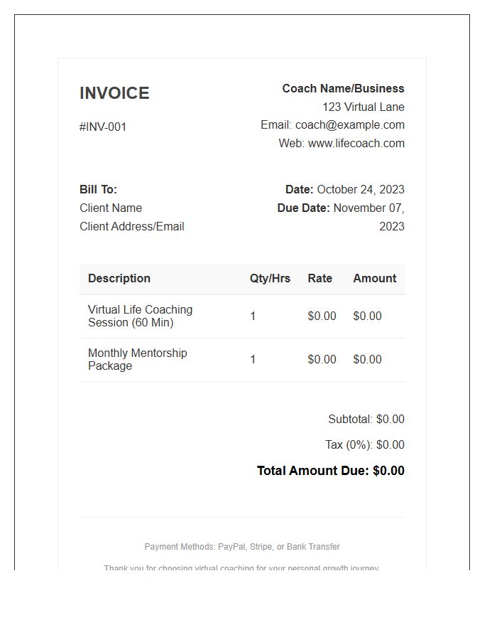 Virtual Life Coaching Invoice Template